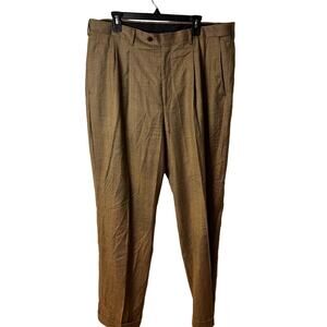 Paul Fredrick Brown Check Pleated Stretch Wool Dress Pants Size 40